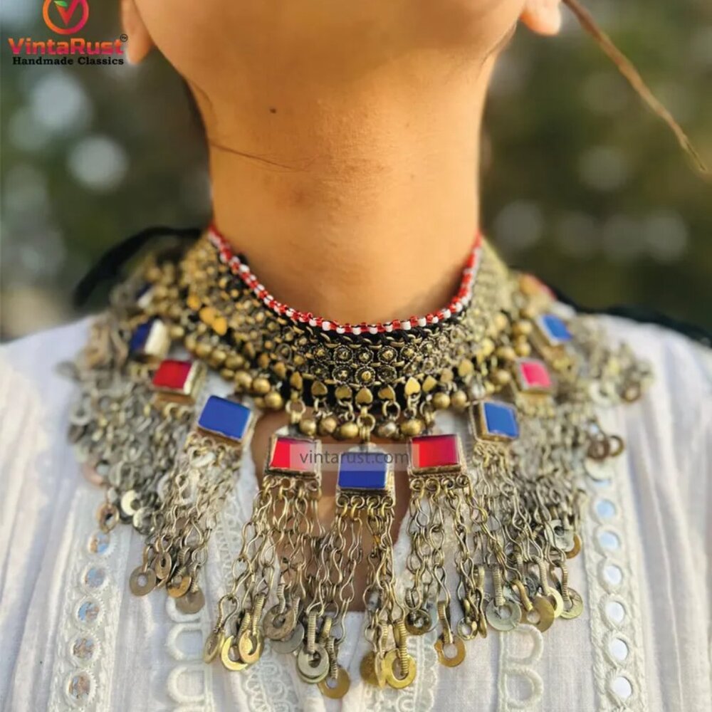 Handmade Tribal Choker With Glass Stones And Dangling Tassels, Triba Kuchil
